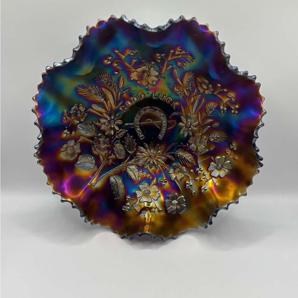 Vintage Carnival Electric Purple Northwood Good Luck Ruffled Bowl - Picture 4 of 9